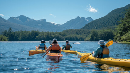 Wall Mural - employees organizing a team-building retreat focused on outdoor adventure activities, such as kayaki