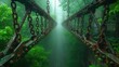  A foggy forest reveals a bridge mid-way, with chains dangling from either side