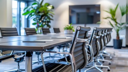 Wall Mural - Elegantly designed conference room with sleek chairs and a large table, denoting a business setting