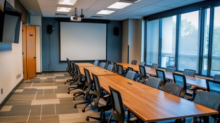 A wide-angle view of a large conference room with a projector and a wide window offering natural light