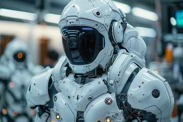 Poster - This detailed image captures a futuristic white robot, highlighting the intricate design and advanced technology