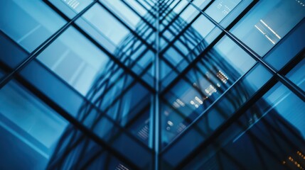 Wall Mural - close-up view of a modern skyscraper's glass facade, reflecting the blue hues of the sky and lights 