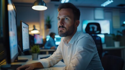 Poster - A man is immersed in his work at a computer workstation in a well-lit office space