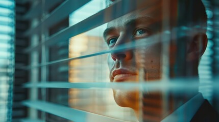 Wall Mural - A contemplative silhouette of a man is seen through a reflective office window against an urban backdrop