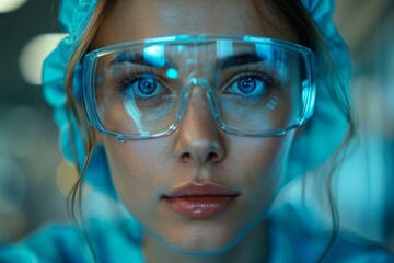 Poster - Close-up portrait of a young woman wearing blue protective goggles in a lab