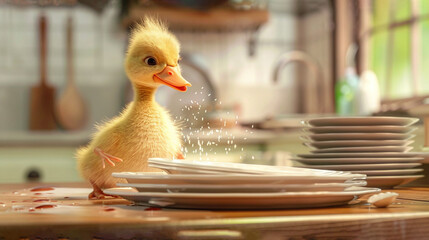 Poster -   A yellow duck stands beside white plates on a kitchen counter, near white plates