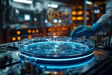 Poster - A scientist interacts with a holographic display showing complex data, signifying cutting-edge technology and research