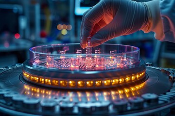 Poster - An illuminated, technologically advanced lab setup with dynamic lighting and interactive displays indicating progress