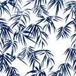 Tropical seamless wallpaper from branch and bamboo leaves. Pattern is made in an elegant, delicate Japanese style in indigo tones. Vector watercolor