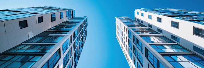 Wall Mural - looking up at sleek modern skyscrapers with reflective glass facades against a clear blue sky
