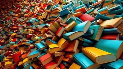 Wall Mural -   A stack of books piled together on top of another stack of colorful books