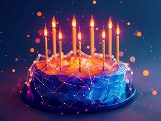 Neural lowpoly AI futuristic neon network of a birthday cake