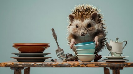 Poster -   A hedgehog sits on a wooden table with dishes, a knife, and a fork nearby