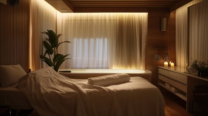 Peaceful massage room in a spa with ambient lighting behind a curtain, suggesting privacy and relaxation