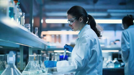 Poster - A dedicated female researcher focusing on experiments with flasks and beakers in a professional laboratory