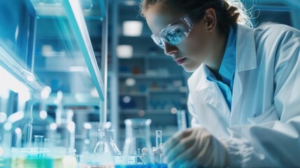 Poster - An intense woman scientist examining scientific samples under the blue light in a high-tech lab