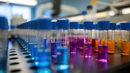 Poster - Array of test tubes filled with colorful liquids in a modern lab environment, depicting chemical research and biotechnology studies