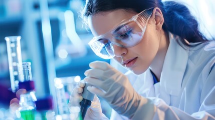 Poster - A diligent scientist engaging in careful examination of slides through a microscope in a lab