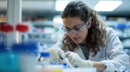 Poster - A scientist with curly hair carefully using a pipette to transfer liquid in a lab setting