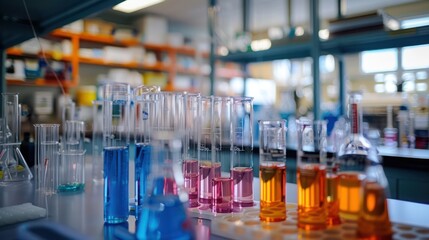 Poster - Sharp image showing a variety of glassware with vibrant liquids used for scientific experiments on a lit laboratory bench