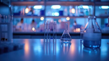 Poster - Backlit laboratory scene showing silhouettes of flask and beakers with a cool-toned, futuristic workspace atmosphere