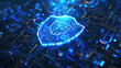 Cyber blue shield on abstract dark data background, digital protection of computer information. Concept of secure, privacy, code, network, security