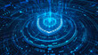 Blue digital shield on abstract dark data background, cyber protection of computer information. Concept of privacy, code, network, security