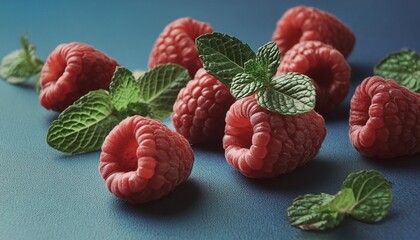Wall Mural - a group of raspberries and mints on a blue surface with green leaves on the top of them