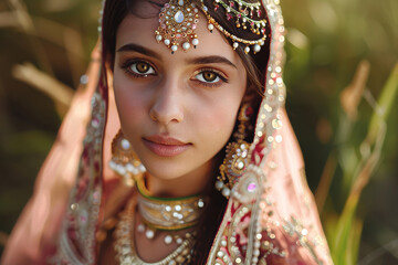 Beautiful young indian woman in traditional clothing with bridal makeup and jewelry. gorgeous brunette bride traditionally dressed