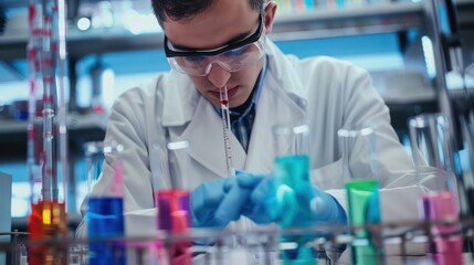 Poster - A male scientist in a lab examines colorful solutions in test tubes, indicating a chemical or biological experiment underway