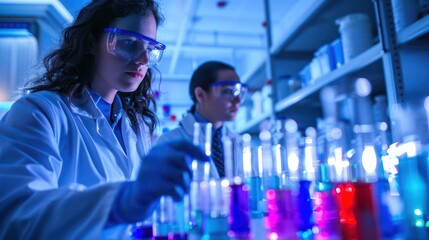 Poster - The image shows two engaged scientists discussing results, surrounded by glowing test tubes, suggesting collaborative research
