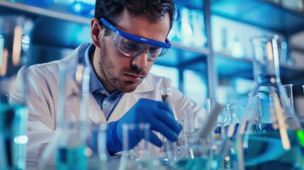 Poster - A scientist analyzes test tubes with various colored solutions in a well-equipped laboratory, signifying innovation and research