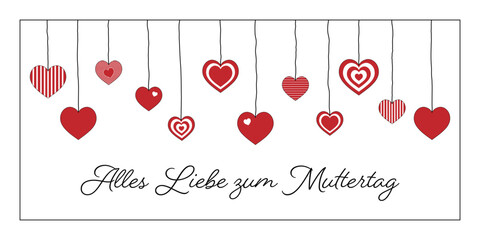 Canvas Print - Alles Liebe zum Muttertag - Schriftzug in deutscher Sprache. Grußkarte mit hängenden Herzen.