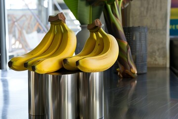 Fresh bananas and stainless steel banana stands.