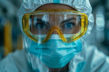 Poster - A focused scientist in a hazmat suit works diligently in a high-tech lab, analyzing data and samples to find solutions