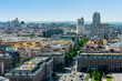 Panoramic view from a drone view of the city of Madrid in the area of Moncloa and Plaza Spain.