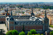 Historic buildings in the city of Madrid from a bird's eye view from above, Spain.