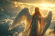 beautiful female angel standing in the clouds, dramatic lighting, cinematic, fantasy art style