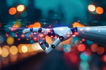 Poster - A sleek robotic hand with blue illuminated fingertips hovers with a bokeh city lights background