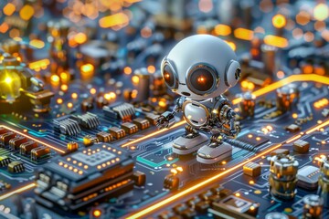 Poster - A small, intricately detailed robot exploring a vast circuit board landscape, symbolizing technology and exploration