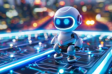 Poster - A miniaturized high-tech robot standing on top of a digitalized blue circuit with glowing traces