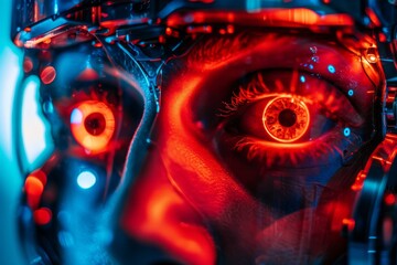 Poster - Intense red hues and intricate details captures the essence of artificial intelligence and robotics in this close-up image of a robot's eye