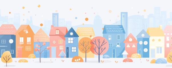 colorful city buildings, simple shapes and lines, minimalism, bold outlines, cute, simple design, simple background Generative AI