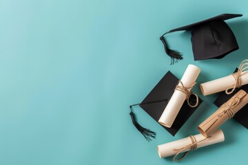 Wall Mural - Graduation cap and diploma on blue background, representing academic achievement and success