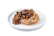 Buckwheat soba with ground meat and spicy eggplant and pepper slices on a white isolated background
