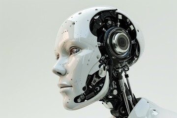 Poster - Unyielding Artificial steel robot head with cyber face. Digital futuristic fiction. Generate Ai
