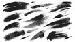 Collection of black paint brush strokes in various shapes and textures on a white background