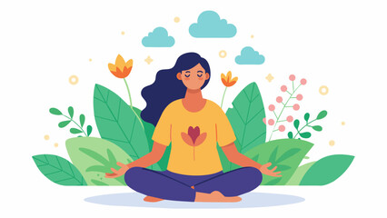 Wall Mural - An image of a person practicing breathing exercises with illustrations of plants and flowers growing and thriving in response to their calm and.