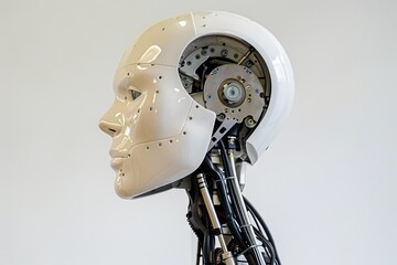 Poster - Close-up of an exposed humanoid robot head, sans facial features, symbolizing AI progress