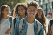 © Odin AI - Smiling teenage boy leading a group of friends on a bright city street, conveying youthful energy